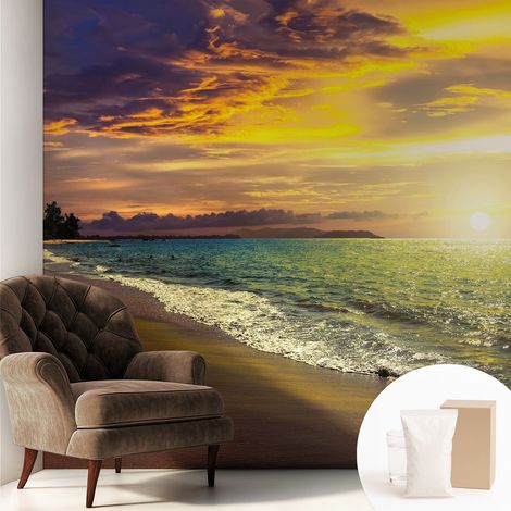 Tapete Vliestapete mit Kleber für Wohnzimmer Schlafzimmer Küche - Wanddekoration Strand bei Sonnenuntergang 250x250 cm (1/5)