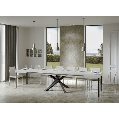 Les Tendances – Table extensible 8 à 20 personnes blanche – Longueur 180 à 440 cm – Pieds entrelacés en acier anthracite – Fabrication italienne