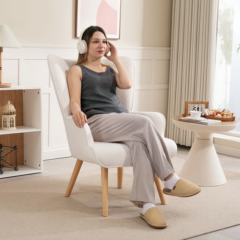 Fauteuil de salon en tissu bouclette, fauteuil capitonné et rembourré avec pieds en bois, 71 x 74 x 96 cm, beige (1/5)