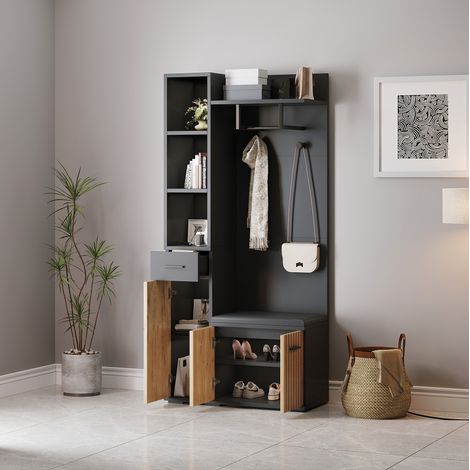 Mueble de entrada 80 x 35 x 175 cm, 2 ganchos, 1 cajón HAVRYA (1/5)