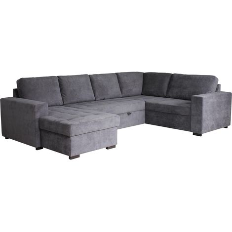CYRUS - Canapé panoramique convertible avec coffre en tissu gris - Angle gauche