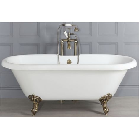 Milano Legend White 1795mm x 785mm Bathroom Double Ended Freestanding Roll Top Bath with Feet - Brushed Gold Feet (1/4)