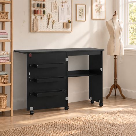 Table de couture pliante meuble couture à abattant avec bacs de rangement, étagère ouverte et roulettes, noir (1/5)