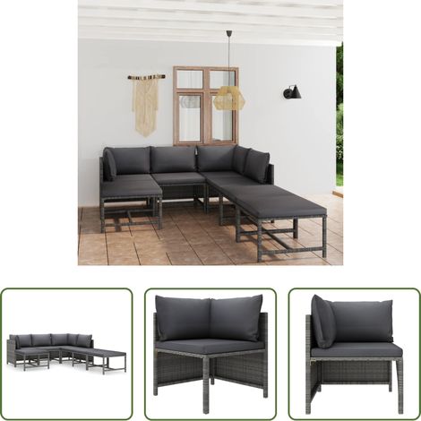 vidaXL Canapé en résine - Salon de jardin 7 pcs avec coussins Résine tressée Gris (1/5)