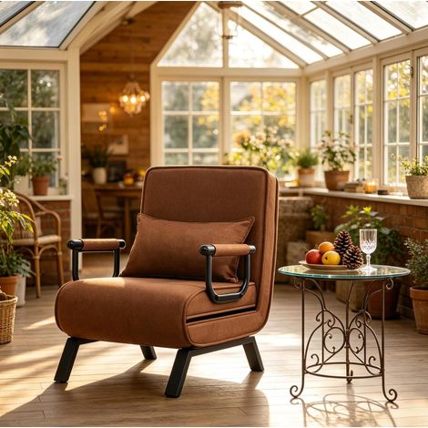 Sillon cama plegable 3 en 1 de lino marron y metal, 65 x 78 x 75 cm, cama 184 x 26 x 65 cm (1/5)