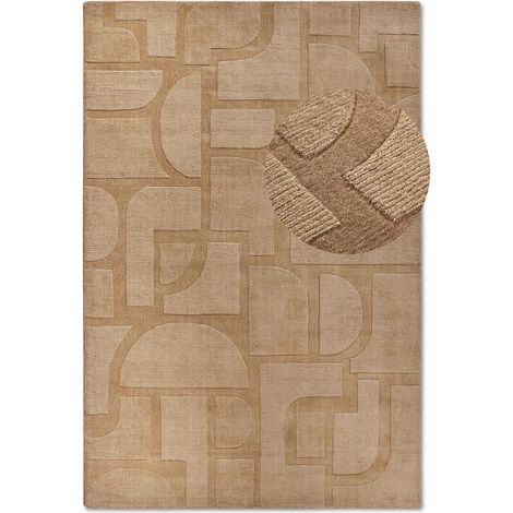 Tapis salon 120 x 170 cm, motif géométrique, beige, laine authentique tissée à main, structure relief chaleureuse, design original et confortable