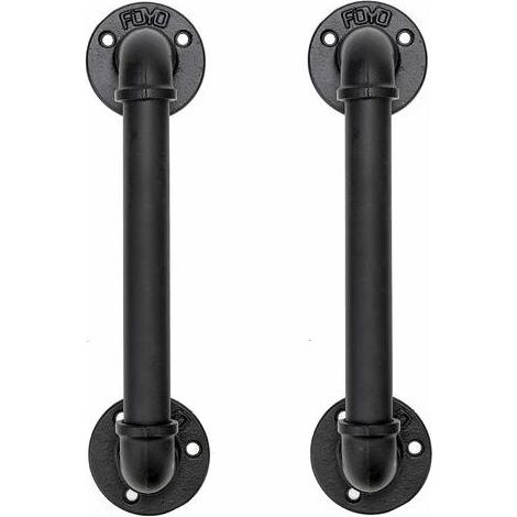Set of 2 Industrial Pipe Door Pull Handles, Grab Bar, Barn Door Handles, Antique Rustic Cast Iron for Handrail, Black, 30 cm Long (S(25D,27L), Black) (1/4)