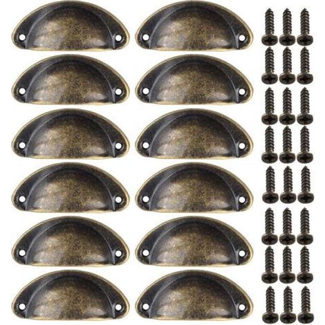 Packung mit 12 Vintage-Muschelknöpfen, gebogenen Eisen-Schranktürknöpfen (Bronze) (1/4)