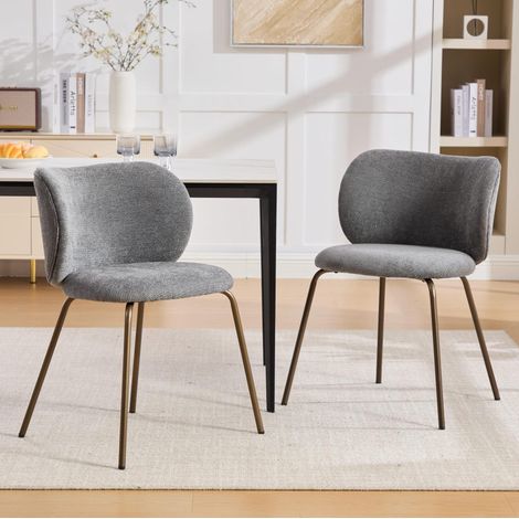 Set di 2 sedie da pranzo in chenille con schienale curvo e gambe in metallo, grigio (1/5)