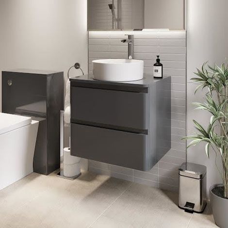 Bathroom Cloakroom Vanity Unit Wall Mounted Countertop Basin Grey Gloss 600mm (1/5)