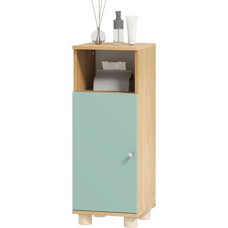 Meuble de salle de bain étroit 30x30x80cm vert – Rangement avec placard porte et compartiment ouvert (1/5)