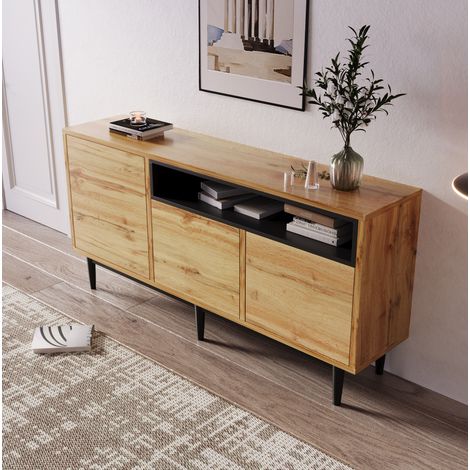 Credenza 160x35x76 cm in legno naturale e nero, con vano portaoggetti moderno FloraGrace (1/5)
