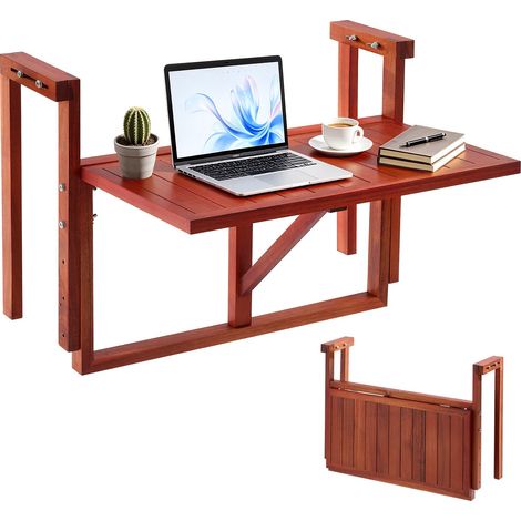 Table Balcon Suspendue 56x28 cm 27 kg Table Balustrade Rabattable pour Garde-corps de Terrasse Jardin Extérieur, Compatible avec Rails 80-135 mm, Hauteur Réglable 4 Niveaux, en Bois d'Acacia