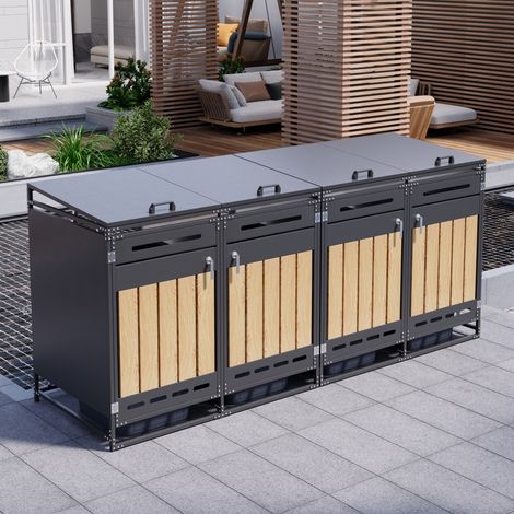 Copertura per bidoni spazzatura in ferro nero, 4 scomparti con coperchio idraulico, porte effetto legno e serratura (1/5)