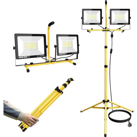 Projecteur LED de chantier 200W avec trépied, 20000LM, tête double portable, lumière de travail, intérieur/extérieur, câble 5m, 175-265V, étanchéité IP66, pour atelier, garage (1/5)