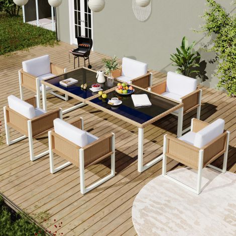 Ensemble table + 6 fauteuils jardin 7 pièces, corde tressée naturel + housses amovibles lavables + plateau verre, pour jardin et terrasse (1/5)