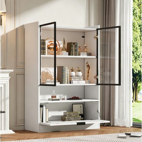 REDOM - Vitrina 120x80x35 cm - iluminación LED - puertas de vidrio templado - abatible inferior - tablero de partículas - blanco