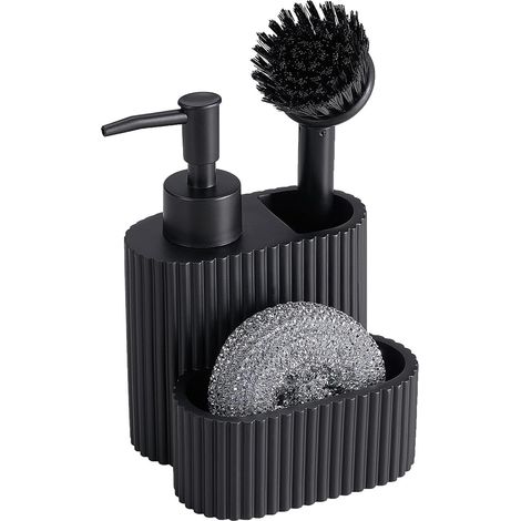 Distributeur Savon Cuisine, 3 en 1 Organisateur Evier Cuisine avec Distributeur de Liquide Vaisselle, Brosse à Vaisselle et Éponge, Rangement Evier pour Cuisine et Salle de Bain - Noir