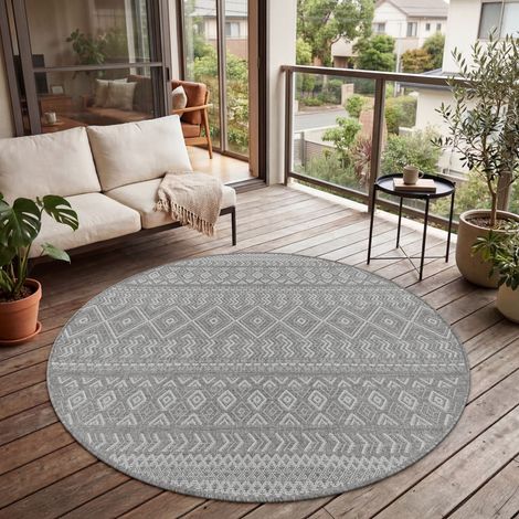 Paco Home Alfombra Exterior Interior Balcón Terraza Cocina Motivo Boho Étnico Moderno Gris 3, 80 cm redon (1/5)