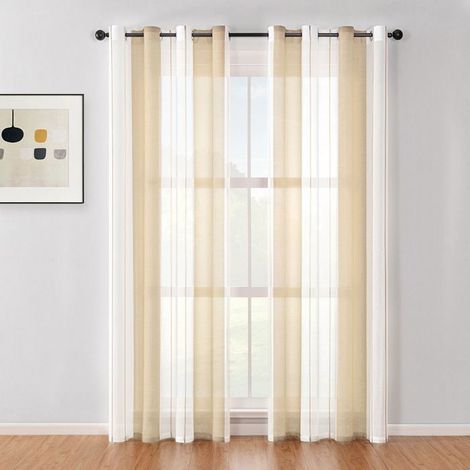 KLVGTIFS PU - Caldion 2 Pièces de Rideaux Voilage Blanc et Beige 140x240 cm Fils Teints Rayé à Oeillets Rideau Tamisant Grande Hauteur Élégant (1/5)