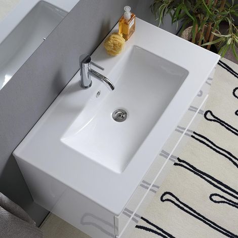 Kiamami Valentina – Meuble de salle de bain suspendu blanc brillant 80cm – 2 tiroirs avec fermeture soft-close – Lavabo en céramique – Miroir 80x60 avec lampe — vue 4