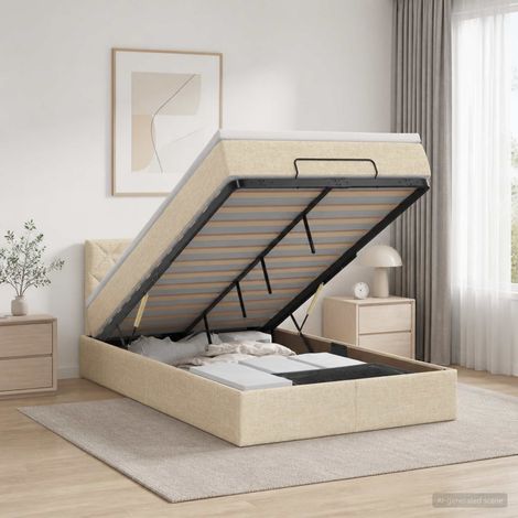Cama tipo otomana con colchón y LED Crema 120 x 200 cm Tela (1/5)
