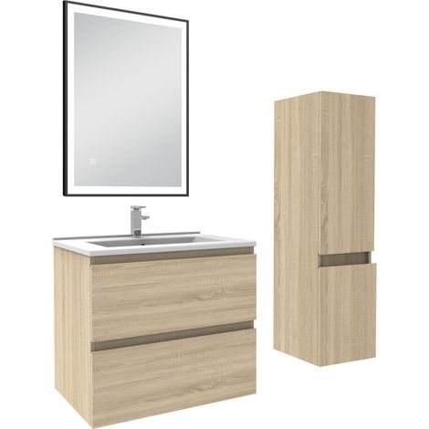 Acezanble Meuble salle de Bain 60cm simple vasque avec colonne et miroir 3 couleurs Chêne Wotan