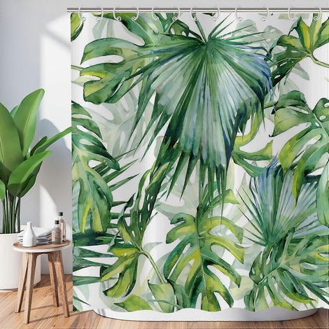 Rideau de douche 180x180cm à motif de feuilles tropicales, feuilles de palmier vertes, plante botanique de la jungle, tissu polyester imperméable et lavable. (1/5)