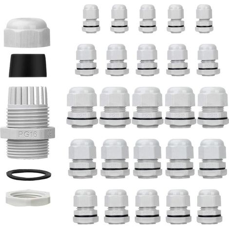Pack of 25 IP68-3-15 mm Waterproof Cable Glands - Adjustable - PG7 PG9 PG11 PG13.5 PG16 - Cable Connectors - Filler Nuts - Plastic Seals with Washer - Gray (1/5)