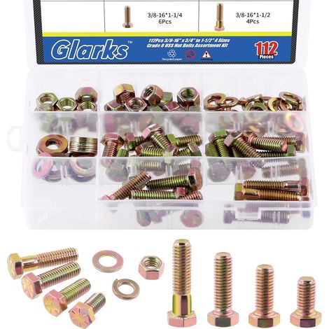 Assortiment de 112 rondelles de boulon d'écrou de grade 8 3/8"-16, y compris 28 écrous hexagonaux, 28 rondelles plates, 28 rondelles de verrouillage et 28 boulons hexagonaux robustes (1/5)