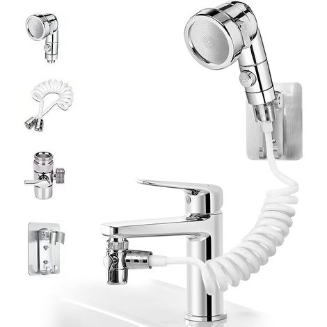 Douchette à main pour lavabo, douchette de lavabo, avec tuyau, 1,5 m, avec support, support de pommeau de douche et distributeur de robinet, robinet pour handicapés, personnes âgées (1/5)