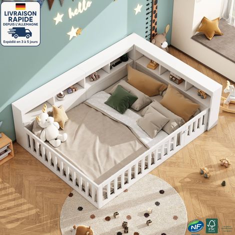 Cama alta infantil 140 x 190 cm - con somier y laterales - Con numerosos compartimentos de almacenaje - Con enchufe y puerto USB - Madera con certificación PEFC - Blanco (1/5)
