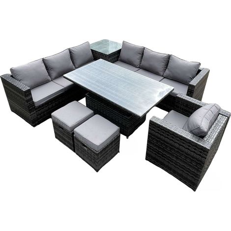 Fimous 9 places PE canapé d'angle en rotin set table à manger réglable set table basse haute avec fauteuil tabouret (1/5)