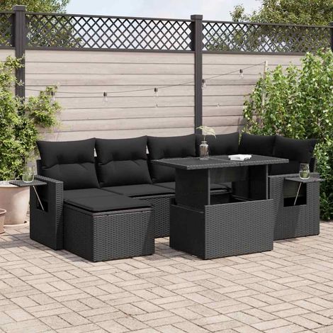 vidaXL Set de sofás de jardín 7 pzas con cojines ratán sintético negro (1/5)