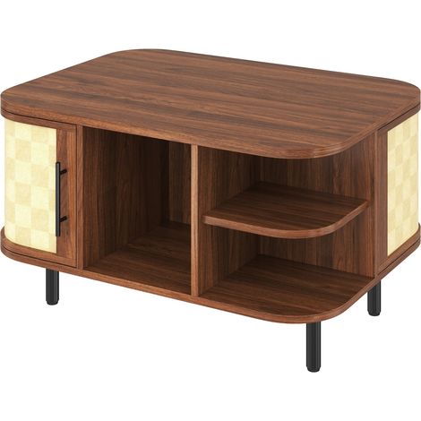 Mesa de centro de MDF color nogal con compartimentos y patas de metal (1/5)