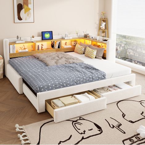 Divano letto estraibile 3 in 1 90x200, estensibile 180x200 con cassetti, LED e presa OKWISH (1/5)
