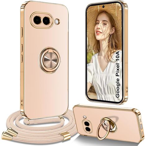 Coque pour Google Pixel 10A avec Cordon, Coque pour Google Pixel 10A avec Collier Silicone Housse 360° Voiture de Bague Magnétique Antichoc Étui avec Cordon Réglable Case, Rose (1/5)