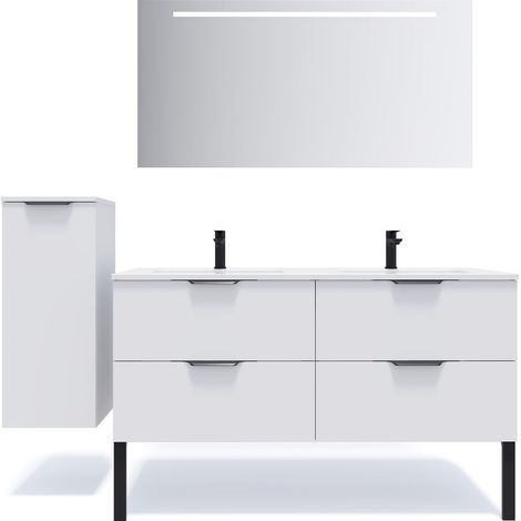Meuble de salle de bain suspendu double vasque intégrée 140cm 4 tiroirs Blanc + miroir + colonne ouverture gauche - Soho (1/5)
