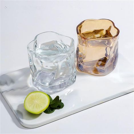 2 verres à eau épais et rotatifs, verres à bière originaux, verres en cristal à l'ancienne pour eau froide, lait, café et whisky (transparent + ambré)