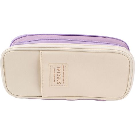 Grande trousse à crayons style simple toile poches en filet compartiments pour stylos fermeture éclair lisse étui à crayons pour école bureau voyage violet et beige (1/5)