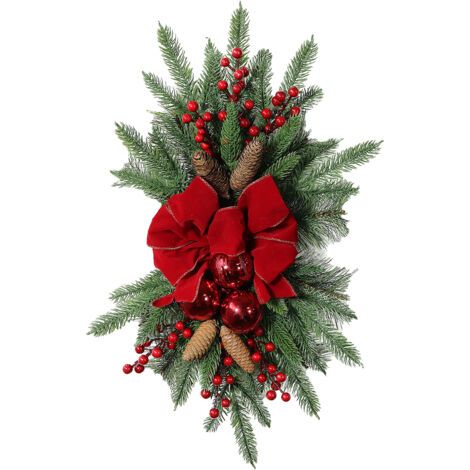 Couronne décorative de Noël pour escalier, 60 x 30 cm, avec nœud rouge, décorations en forme d'écailles de poisson et de baies, décoration murale floconnée de Noël à suspendre (1/5)