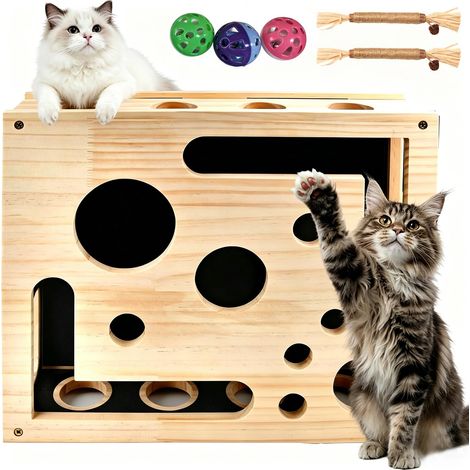 Planche à langer pour chat - 30 x 25 cm - En bois - Jouet interactif pour chat - Avec 3 balles - Jouet d'auto-occupation - Jouet intelligent pour chat (1/5)