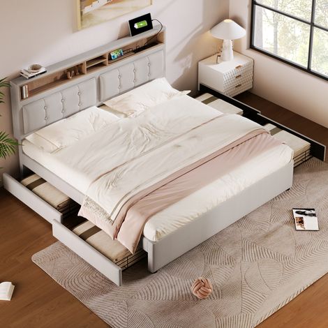 Bett Doppelbett Stauraum 140x200 mit USB Leinen OKMYHOME (1/5)