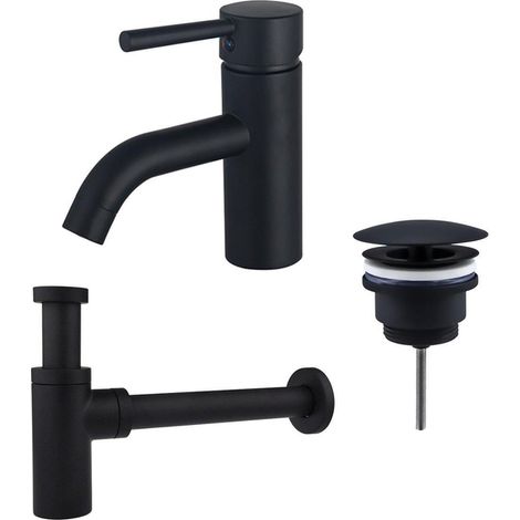Fortifura Calvi Kit mitigeur lavabo - robinet bas - bonde nonobturable - siphon design - Noir mat