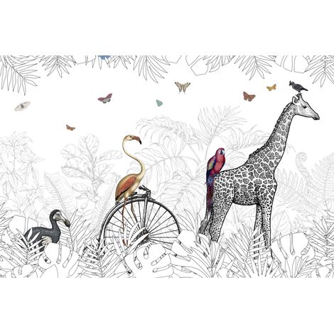 Kinderfototapete Safari Dschungel Tropen Giraffe Papageien und Schmetterlinge DWK049 200x135 (1/5)
