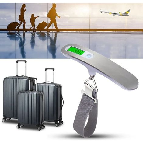 Balance à bagages numérique portable de 50 kg (110 lb) avec sangle pour bagages et valises de voyage, blanche (touches rondes et rétroéclairage vert), idéale pour l'extérieur. (1/5)