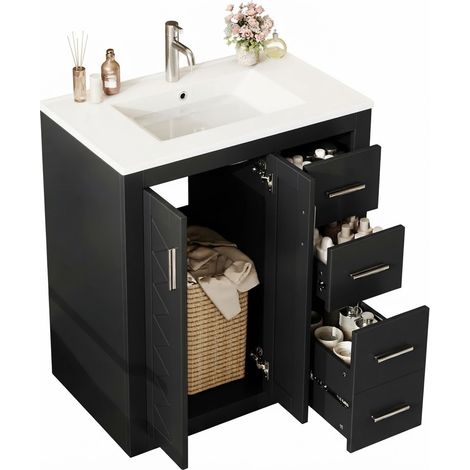 ELVMI Mobile Sottolavabo con 2 Ante, 3 Cassetti e Lavabo Integrato, per Bagno, MDF, 76 x 46.5 x 85.5 cm, Nero (1/5)