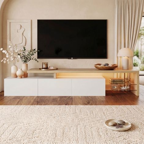 TV-Lowboard 200 cm Holzoptik mit einstellbarer LED-Beleuchtung, 3 Türen, 2 Einlegeböden aus Glas, für TVs bis 90 Zoll (200x39x42 cm) - Weiß