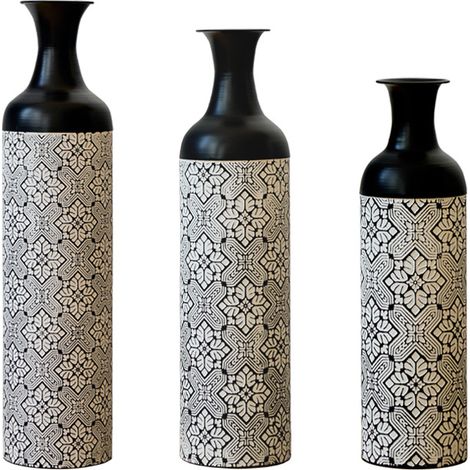 Set de 3 jarrones de suelo de metal negro y blanco con patrón geométrico (1/5)