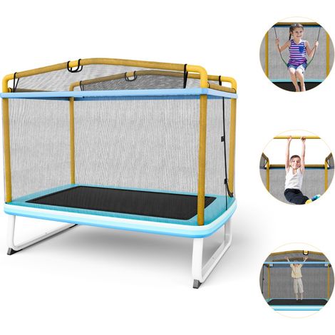 Trampolino per bambini con rete di protezione altalena barra orizzontale, Trampolino da esterno 190x124x222cm Giallo (1/4)